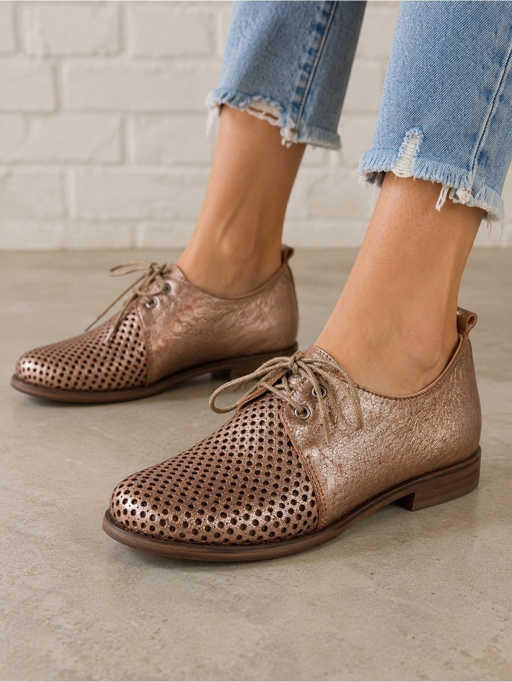 Casta Bronze Metallic Perforated Leather Oxford Women’s EU 37 Made in Portugal